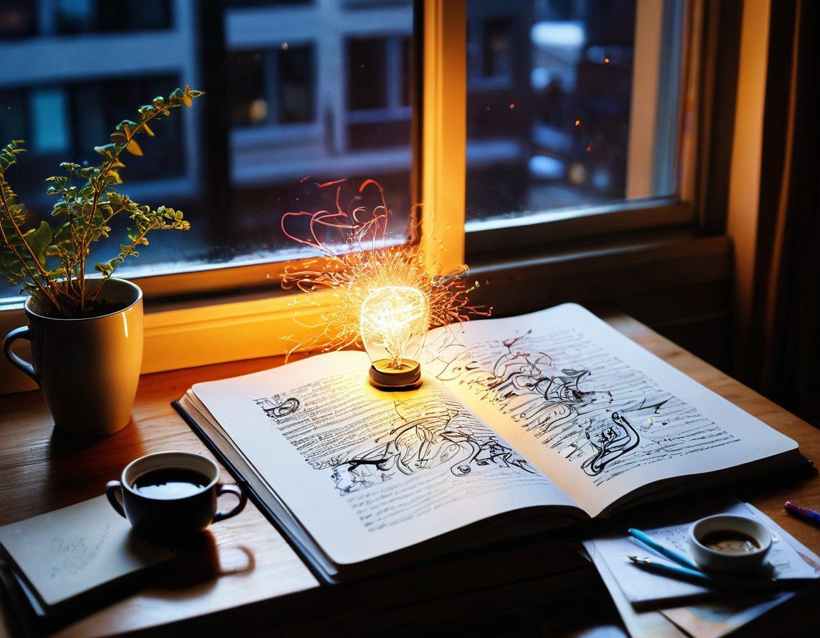 A visually engaging open notebook with colorful sketches and scribbles swirling around, representing creative ideas. In the background, a serene workspace with a soft-lit desk, a laptop, and a cup of coffee. Gentle rays of sunlight streaming through a window, illuminating the scene, and a light hint of brainstorming notes scattered nearby. The atmosphere should feel inspiring and inviting, embodying the essence of creativity in writing. vibrant colors. super-realistic.