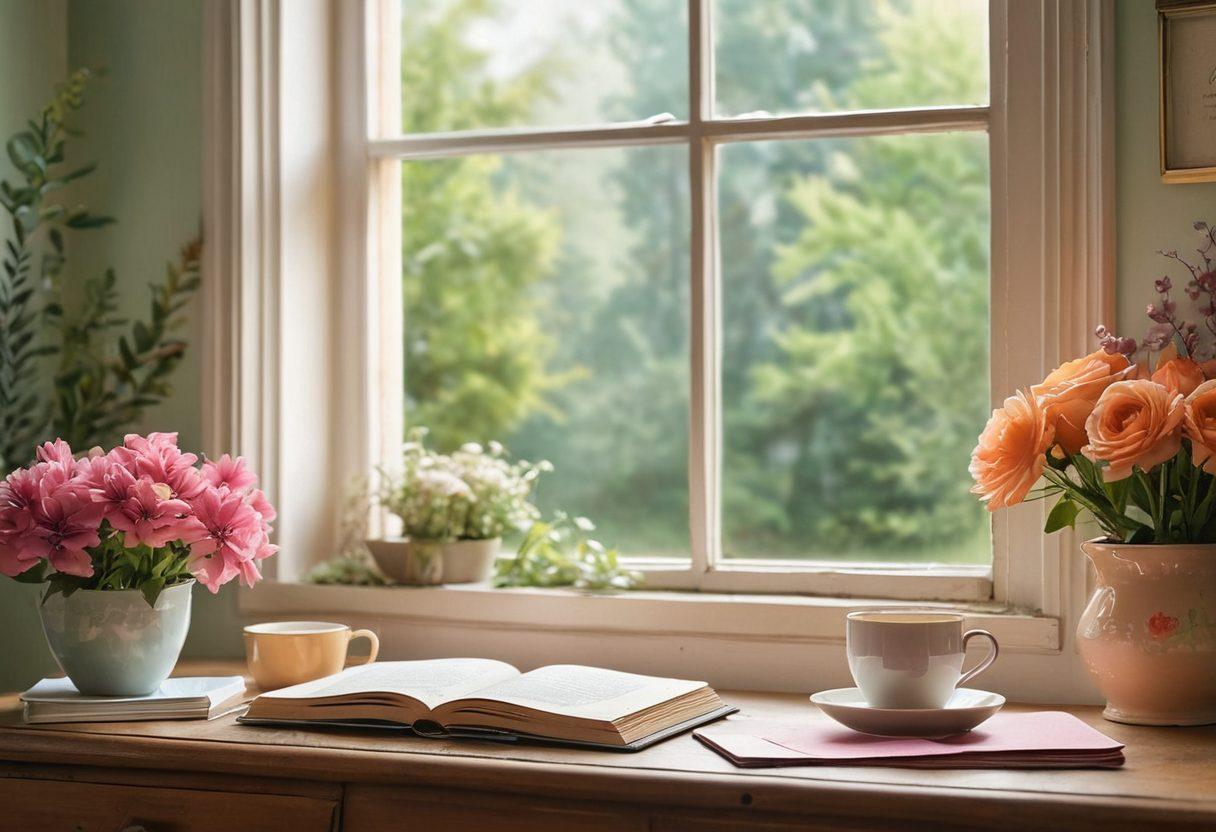 A serene workspace featuring a stylish desk overflowing with colorful notebooks, a steaming cup of tea, and a laptop displaying a vibrant blog layout. The background showcases an inspiring nature scene through a large window, inviting creativity. Soft, ethereal lighting casts a warm glow, enhancing the inviting atmosphere. Incorporate hints of floral designs and motivational quotes on the walls. watercolor painting. soft pastel colors. warm ambiance.